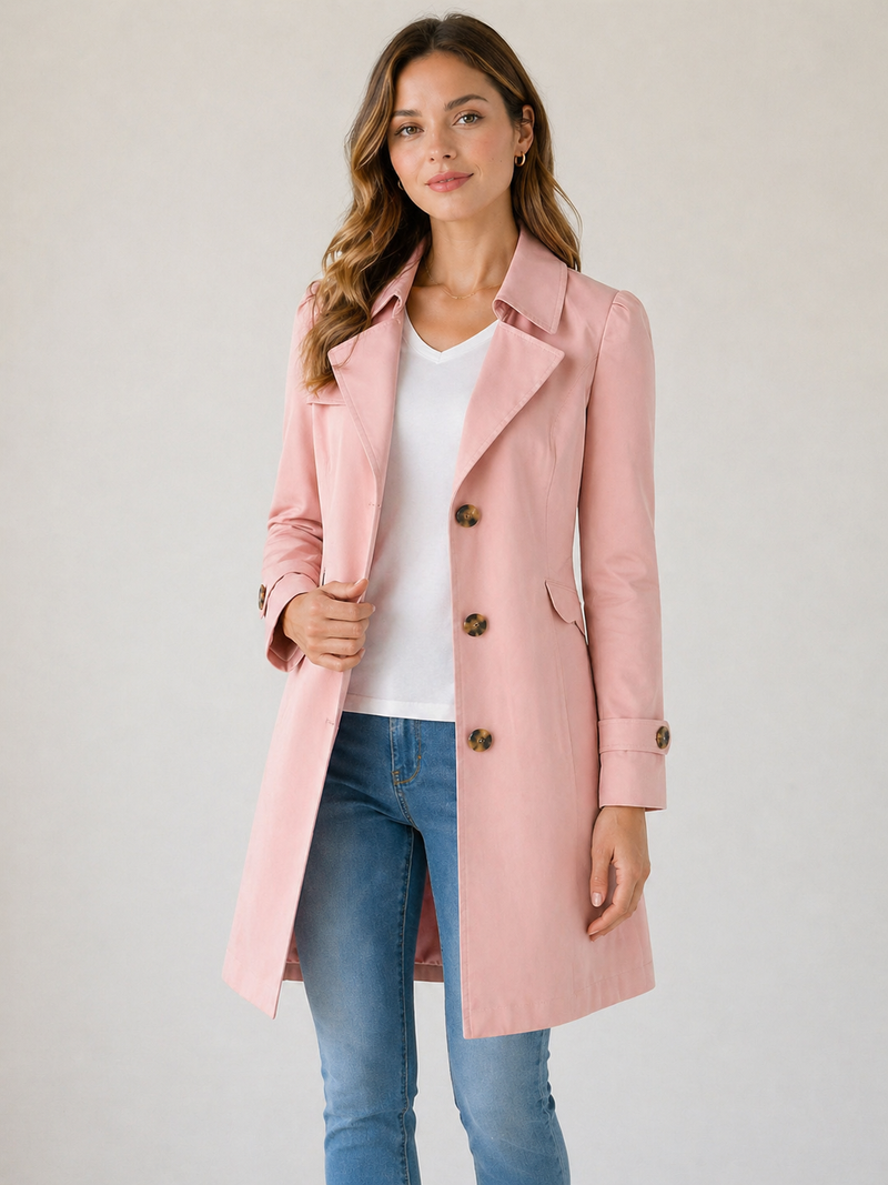 Slim Short Trench Coat for Women with Notched Collar and Cuff Tabs in Pink, front view