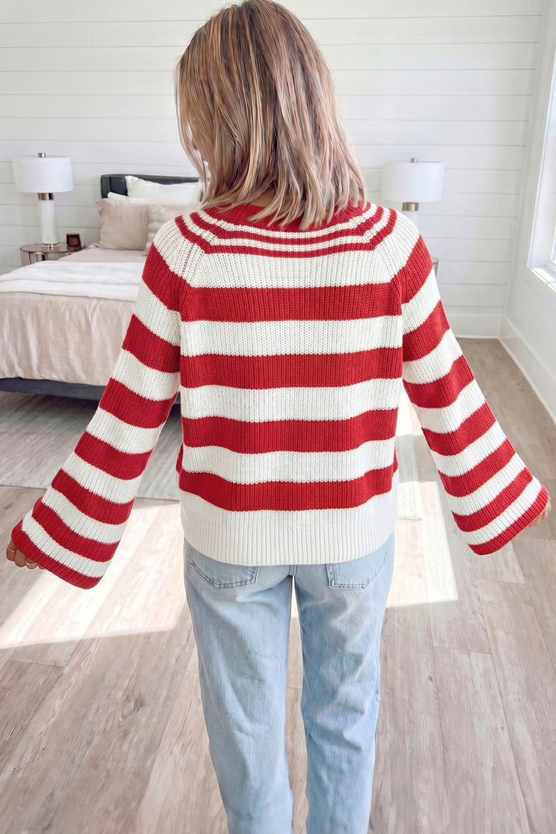 Striped Henley Sweater for Women with V Neck and Wide Sleeves in Red, back view