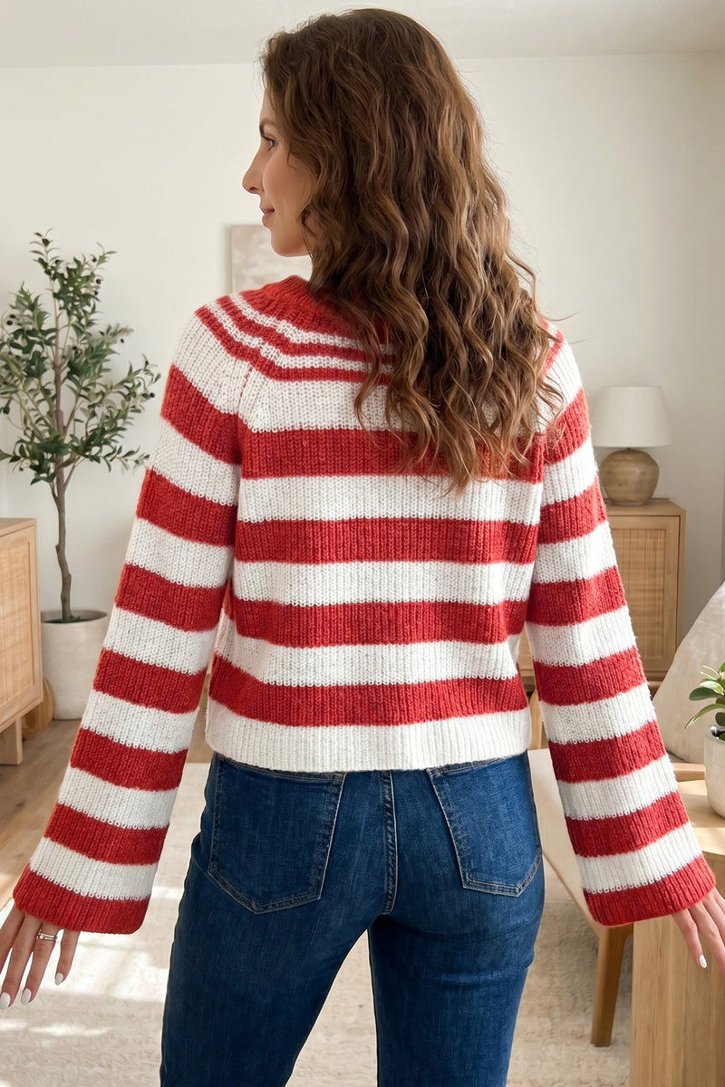 Striped Henley Sweater for Women with V Neck and Wide Sleeves in Red, back view 2