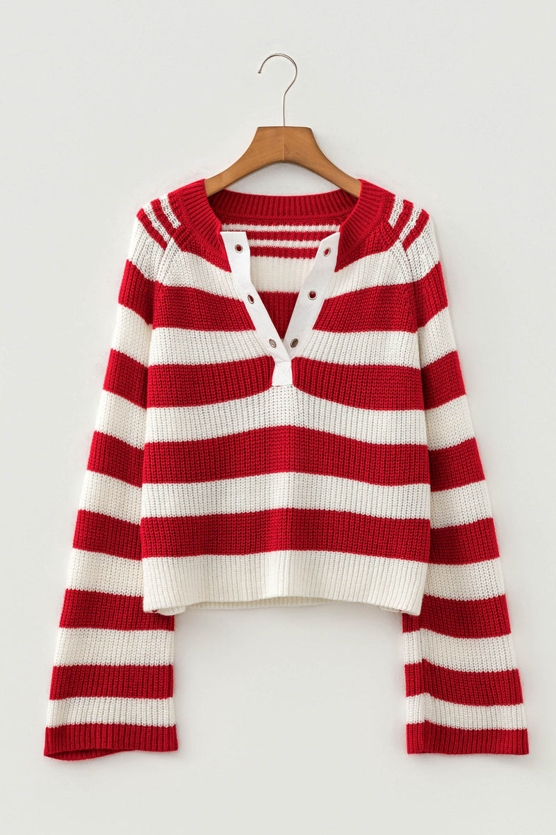 Striped Henley Sweater for Women with V Neck and Wide Sleeves in Red, flat lay front