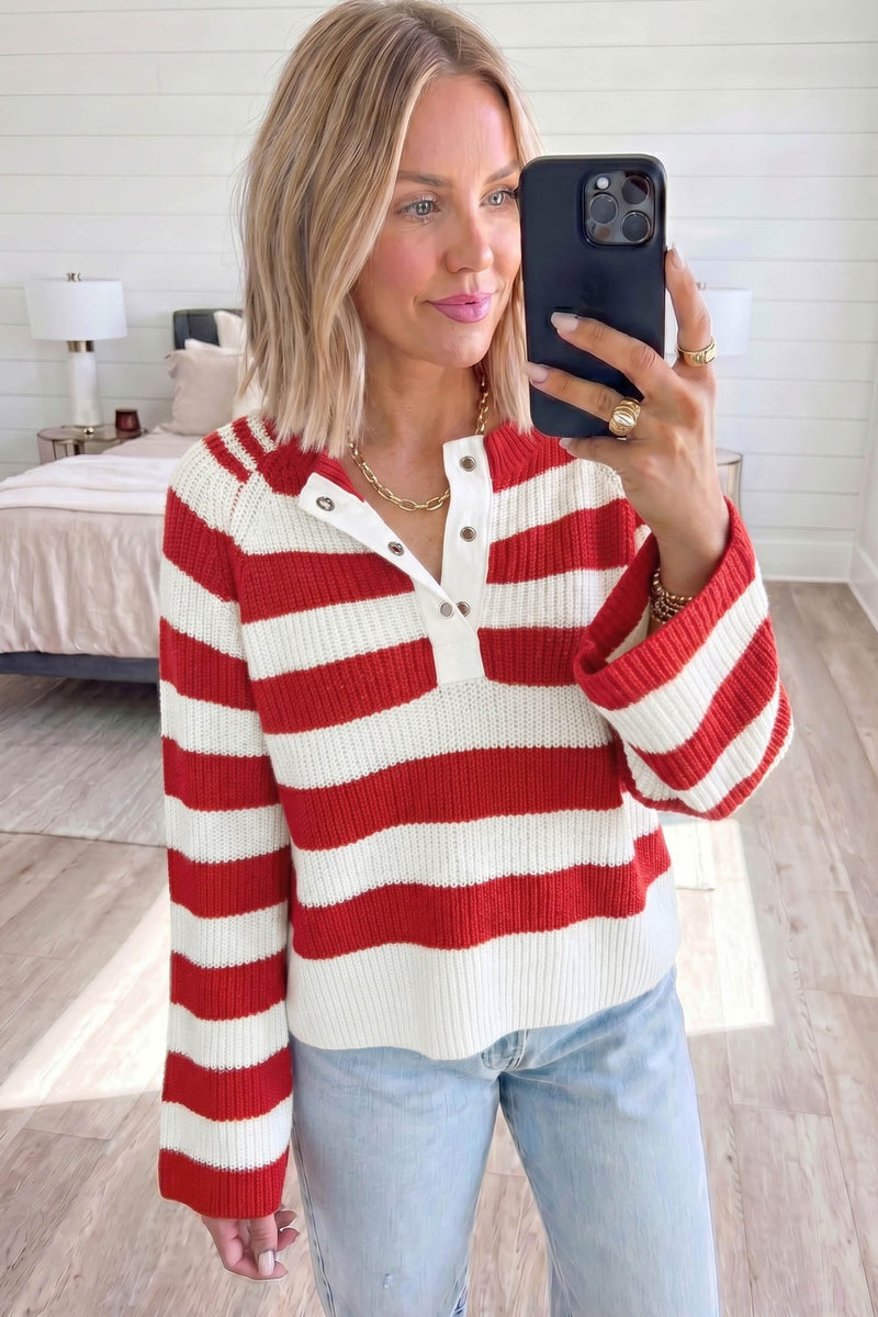Striped Henley Sweater for Women with V Neck and Wide Sleeves in Red, front view 3
