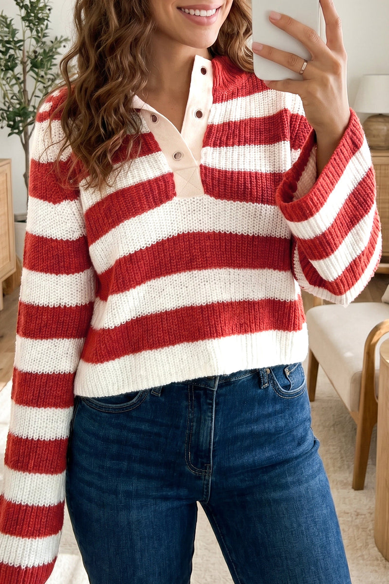 Striped Henley Sweater for Women with V Neck and Wide Sleeves in Red, front view 4