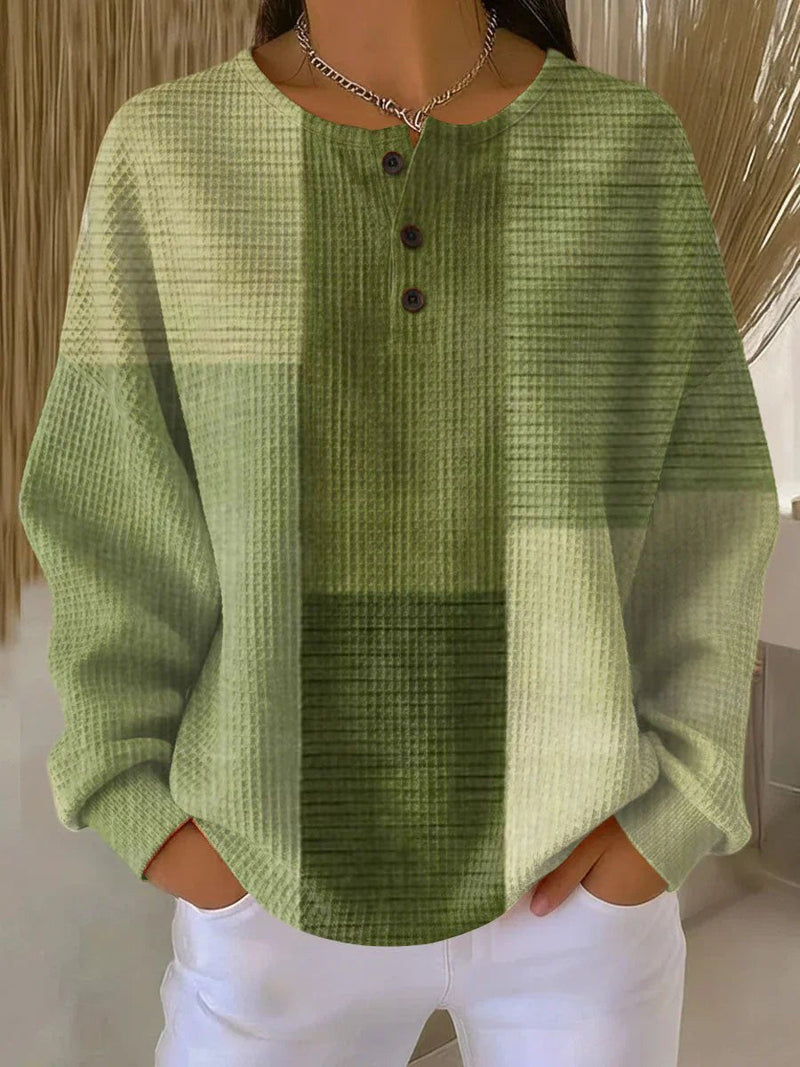 Waffle Knit Henley Sweater for Women with Patchwork Print in Green, front view