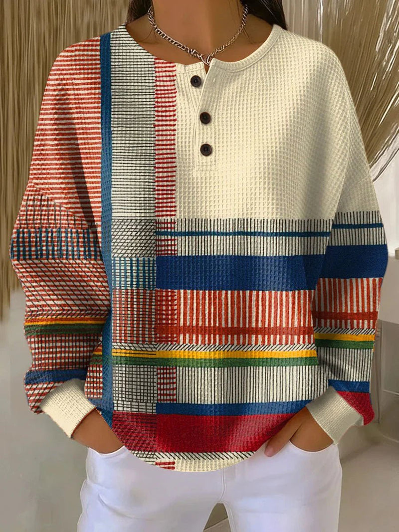 Waffle Knit Henley Sweater for Women with Patchwork Print in Multicolor, front view