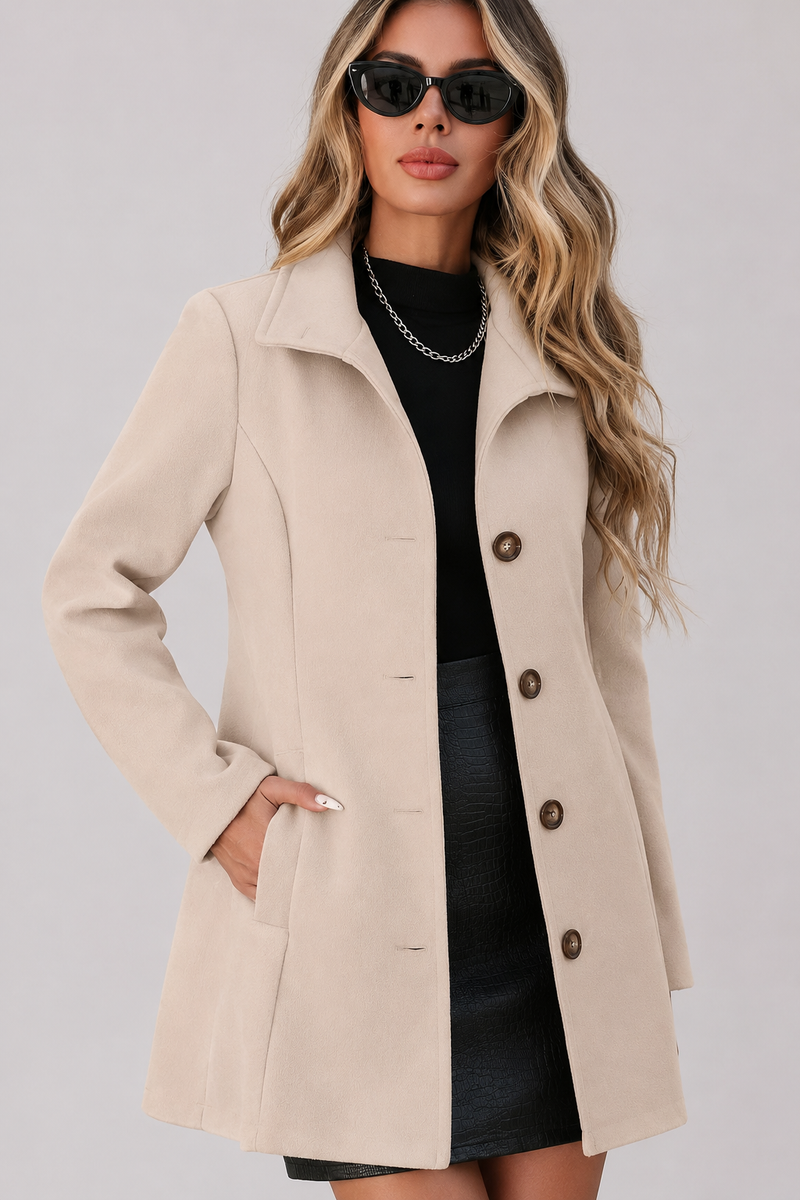 Tailored Button Front Wool-Look Coat for Women with Slanted Pockets in Beige, front view