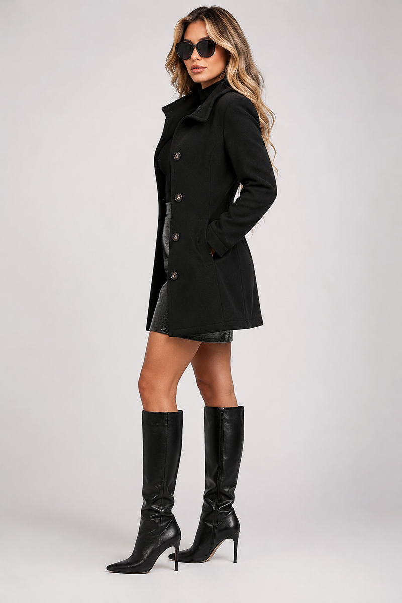 Tailored Button Front Wool-Look Coat for Women with Slanted Pockets in Black, side view