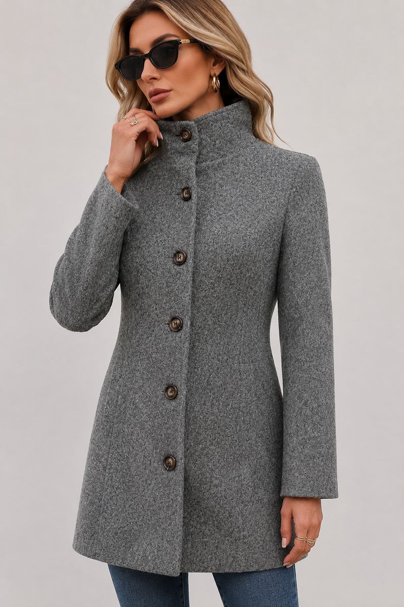 Tailored Button Front Wool-Look Coat for Women with Slanted Pockets in Grey, front view