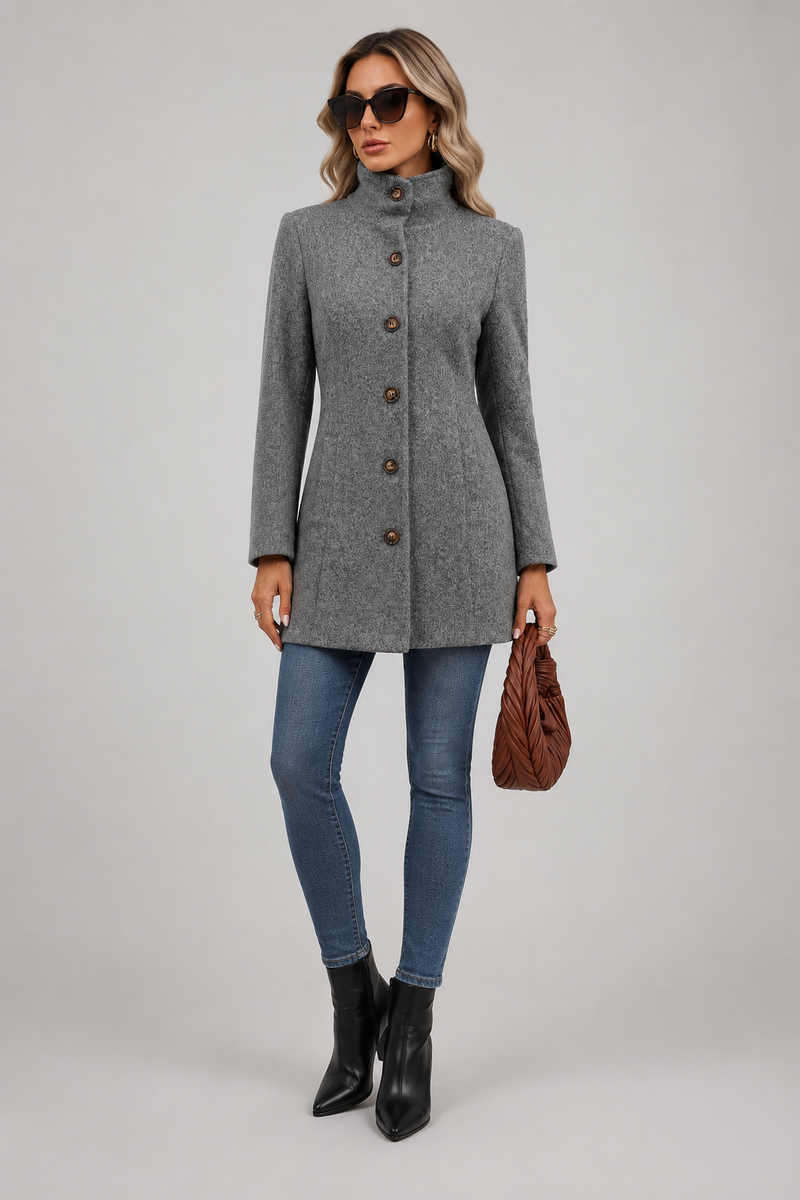 Tailored Button Front Wool-Look Coat for Women with Slanted Pockets in Grey, styled view