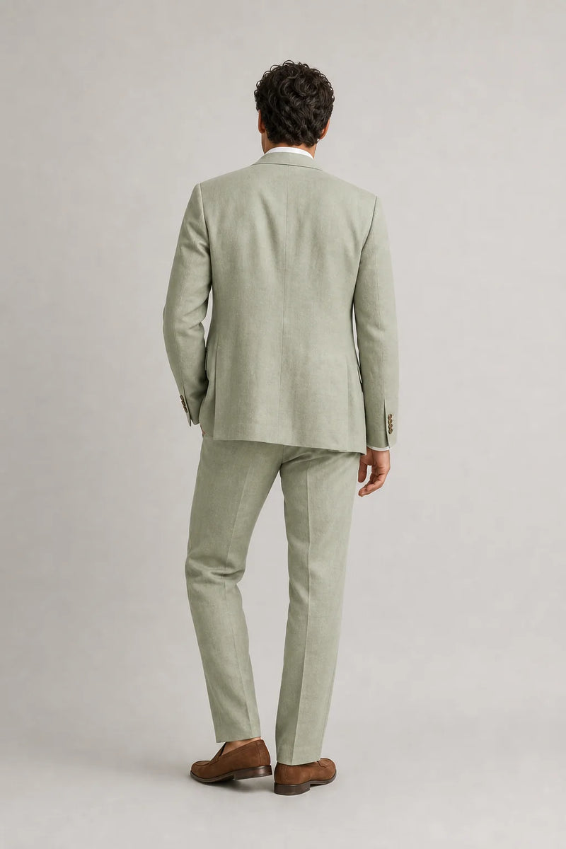 Sofaine Alexander men's linen suit set in sage green, worn back