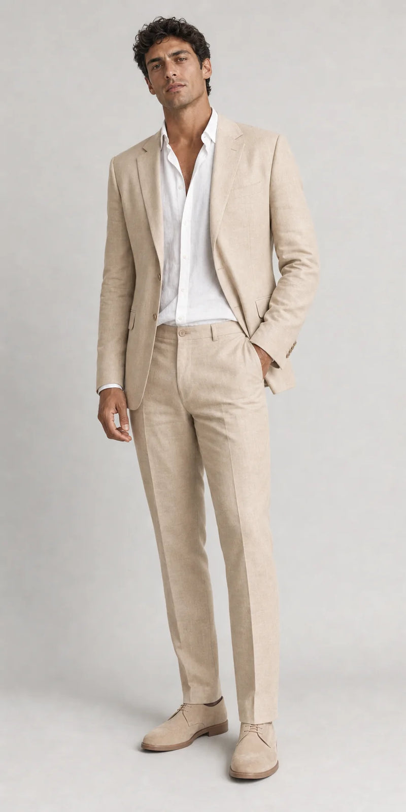 Sofaine Alexander men's linen suit set in beige, worn front