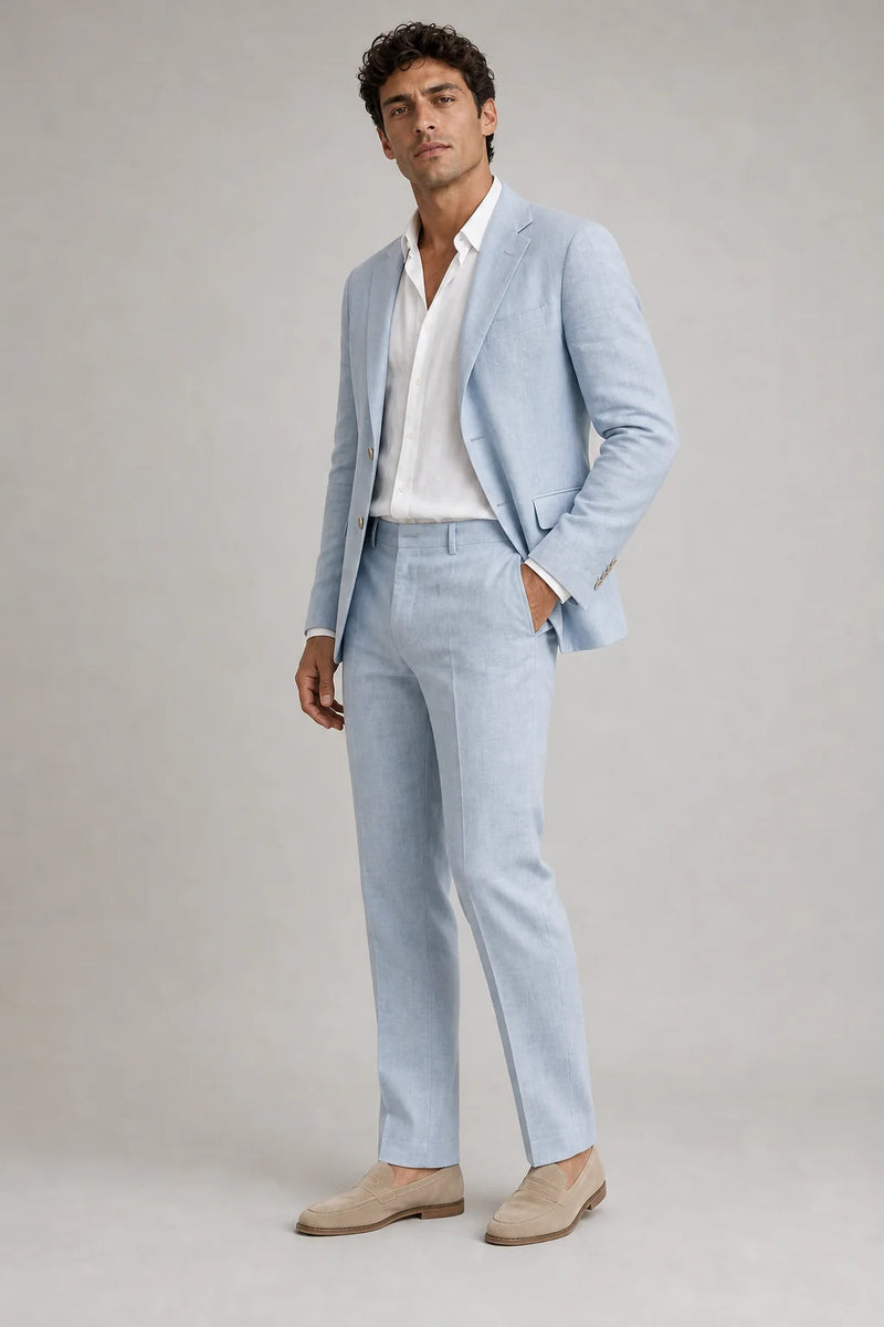 Sofaine Alexander men's linen suit set in powder blue, worn front