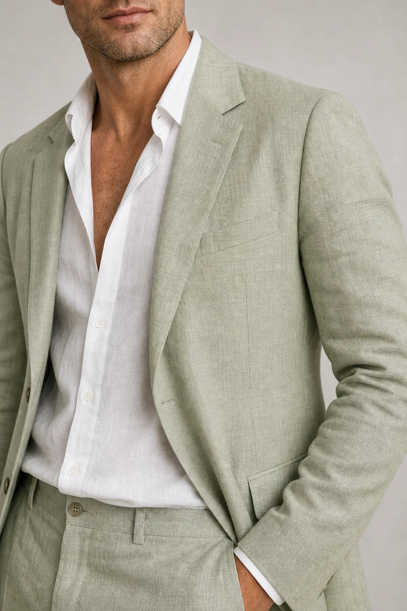 Sofaine Alexander men's linen suit set in sage green, lapel and linen weave detail