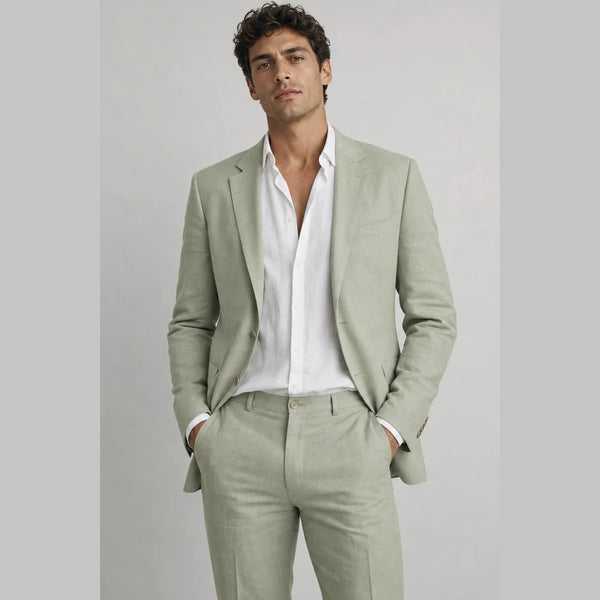 Sofaine Alexander men's linen suit set in sage green, worn front hero
