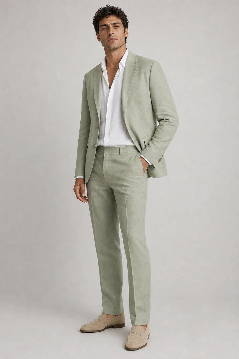 Sofaine Alexander men's linen suit set in sage green, styled full look
