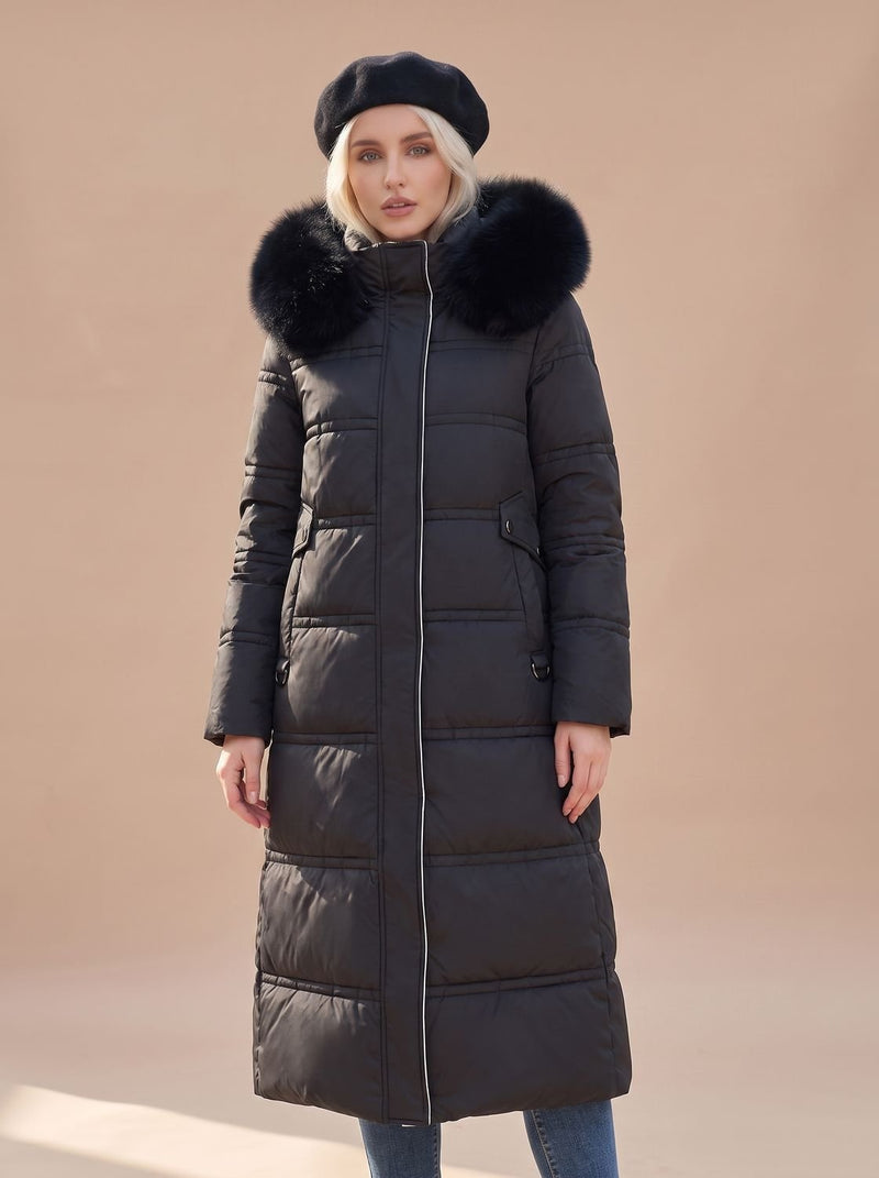 Long Puffer Coat for Women with Faux Fur Hood and Full Zip in Black, front view