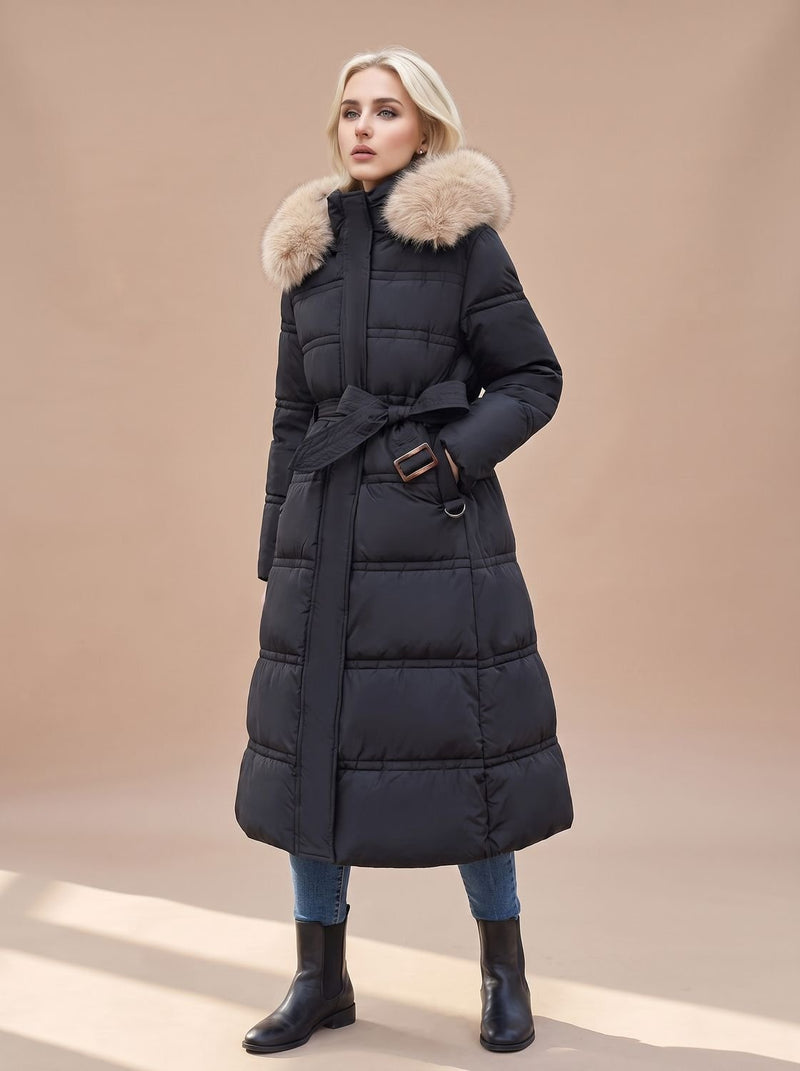 Long Puffer Coat for Women with Faux Fur Hood and Full Zip in Black with Beige Collar, front view