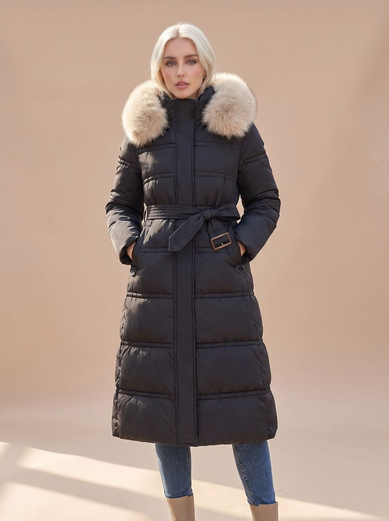 Long Puffer Coat for Women with Faux Fur Hood and Full Zip in Black with Beige Collar, styled front view