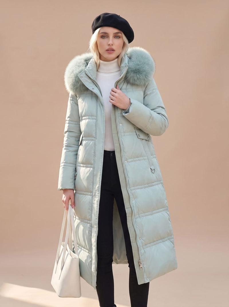 Long Puffer Coat for Women with Faux Fur Hood and Full Zip in Blue, front view
