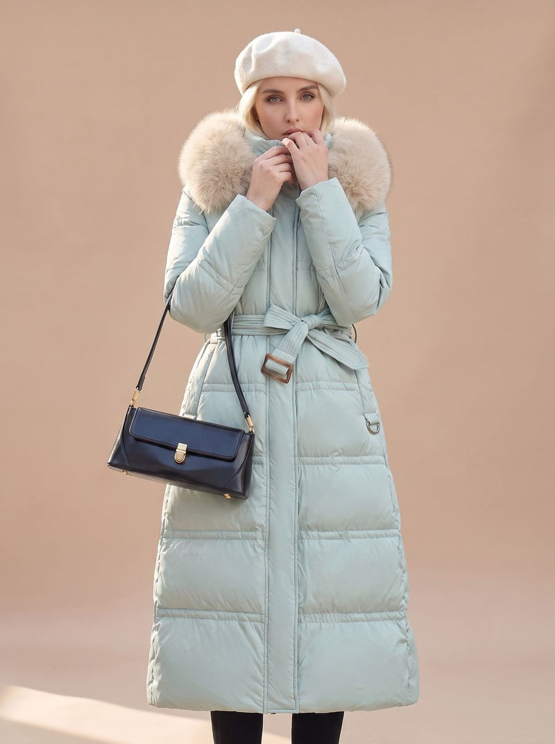 Long Puffer Coat for Women with Faux Fur Hood and Full Zip in Blue with Beige Collar, front view