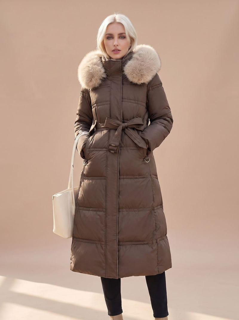 Long Puffer Coat for Women with Faux Fur Hood and Full Zip in Coffee with Beige Collar, front view