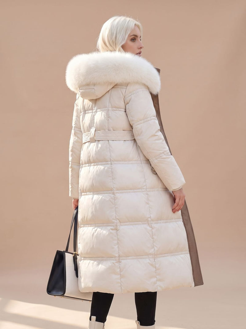 Long Puffer Coat for Women with Faux Fur Hood and Full Zip in White, back view