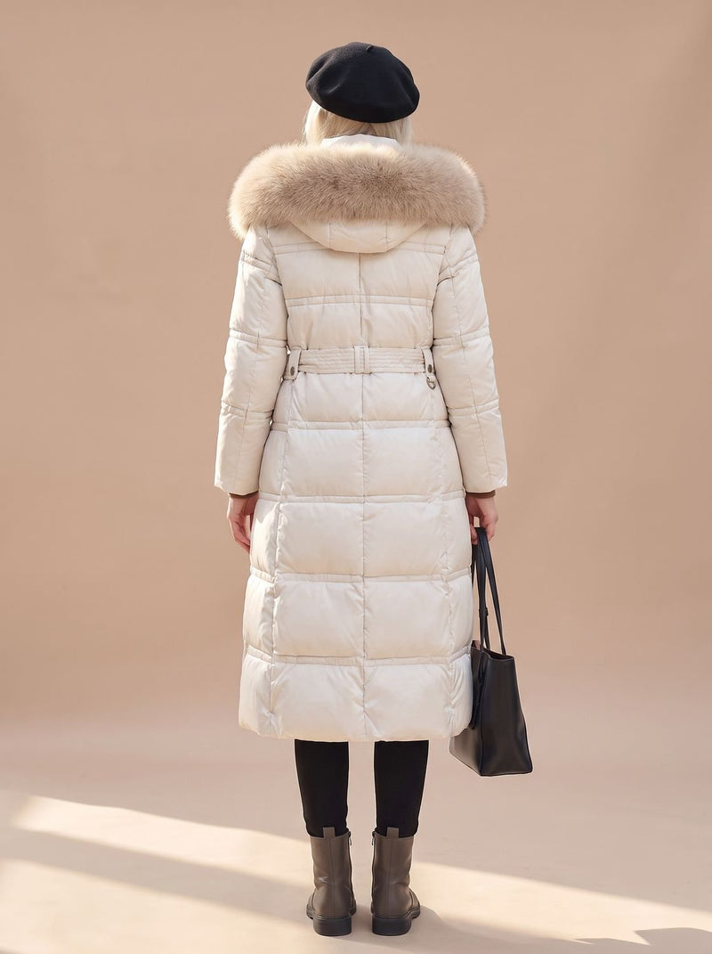 Long Puffer Coat for Women with Faux Fur Hood and Full Zip in White with Beige Collar, back view