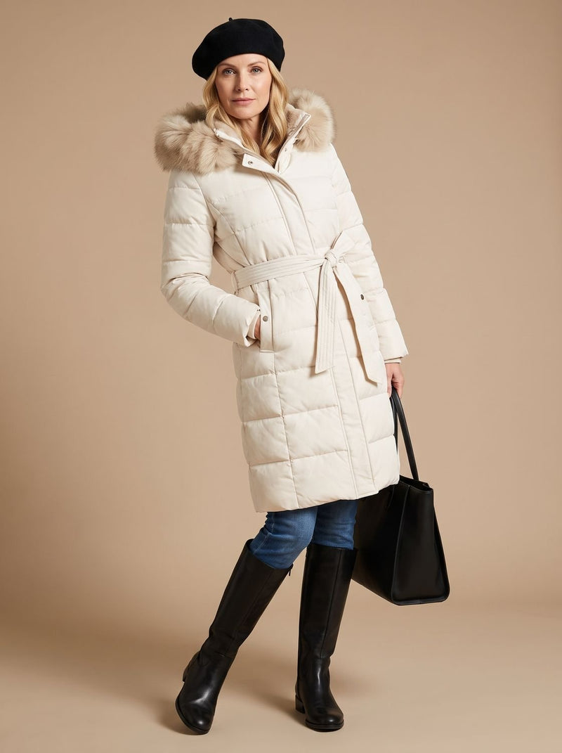Long Puffer Coat for Women with Faux Fur Hood and Full Zip in White with Beige Collar, front view