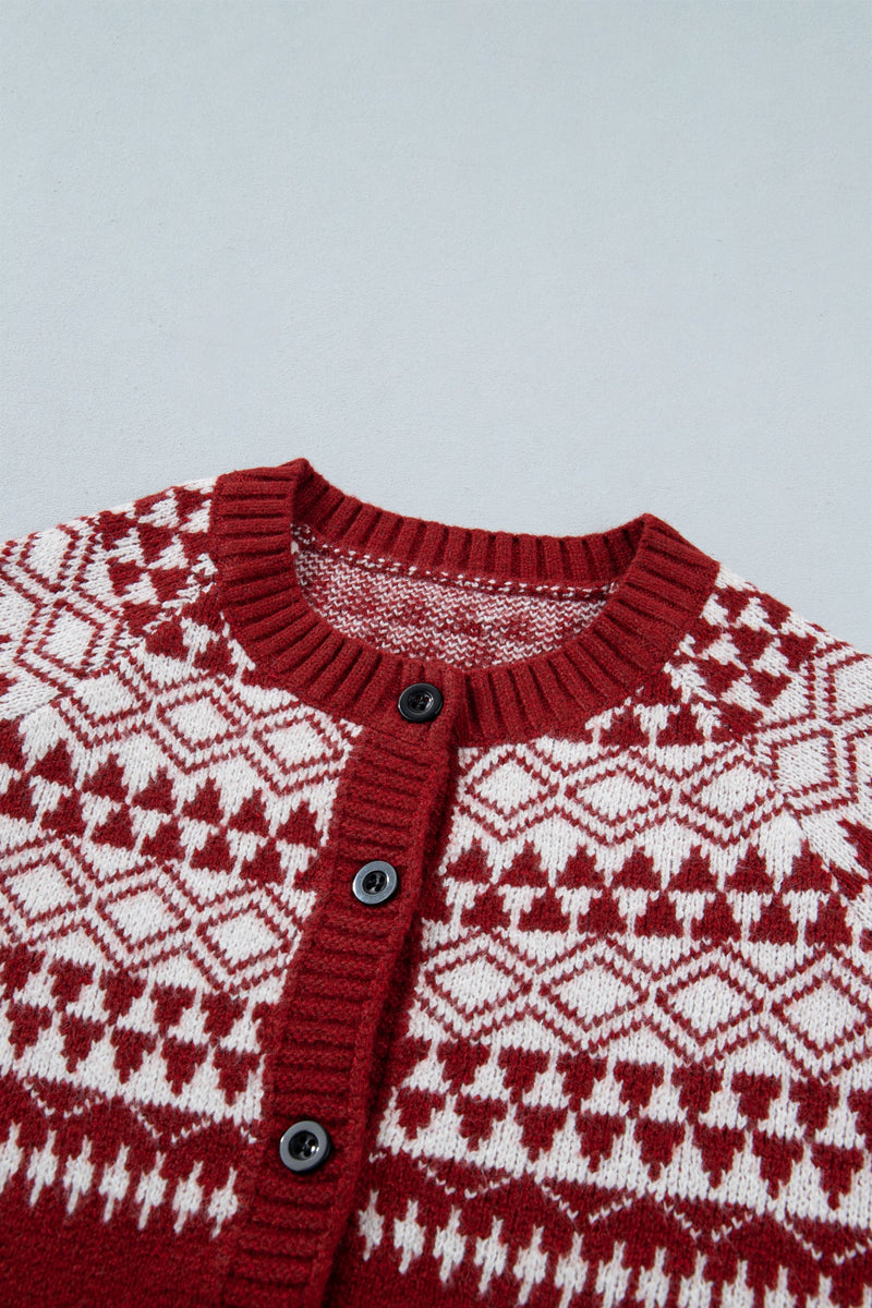 Fair Isle Button Up Cardigan for Women with Crew Neck and Ribbed Trim in Red, collar detail