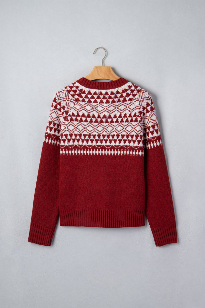 Fair Isle Button Up Cardigan for Women with Crew Neck and Ribbed Trim in Red, flat lay back