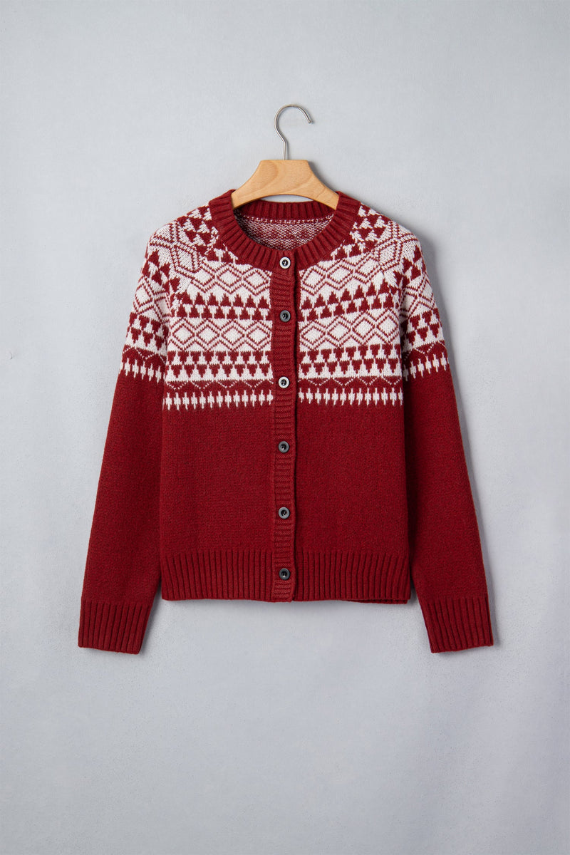 Fair Isle Button Up Cardigan for Women with Crew Neck and Ribbed Trim in Red, flat lay front
