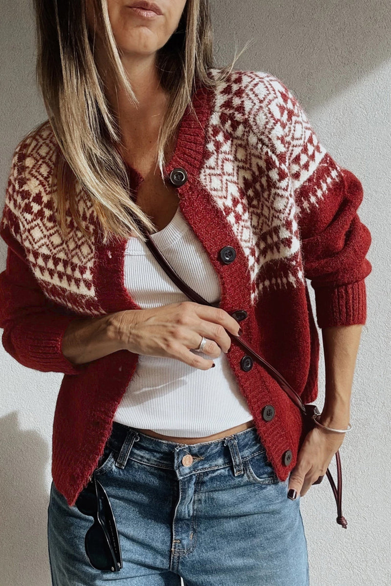 Fair Isle Button Up Cardigan for Women with Crew Neck and Ribbed Trim in Red, open front view