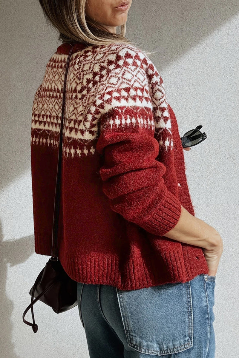 Fair Isle Button Up Cardigan for Women with Crew Neck and Ribbed Trim in Red, side back view