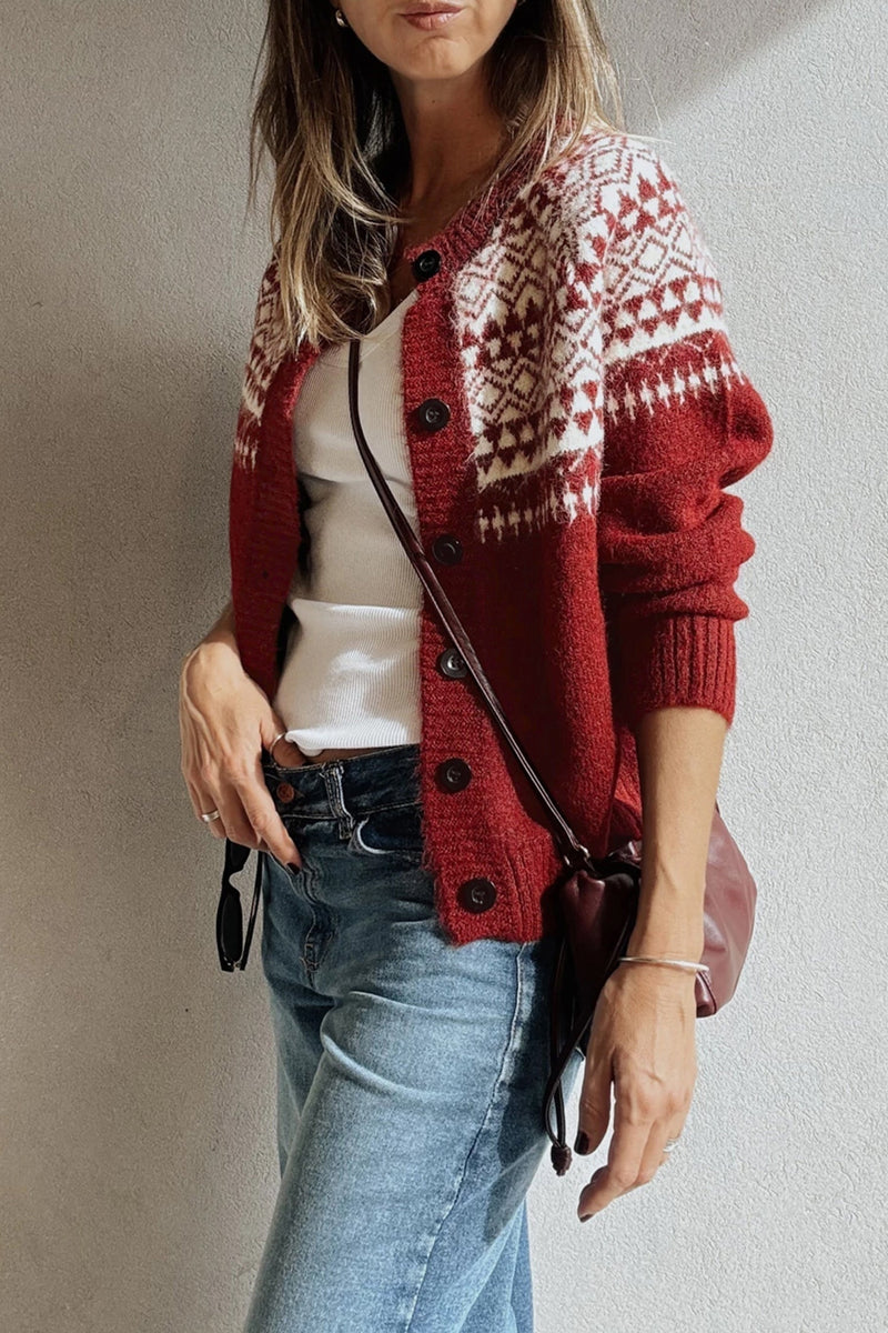 Fair Isle Button Up Cardigan for Women with Crew Neck and Ribbed Trim in Red, side view
