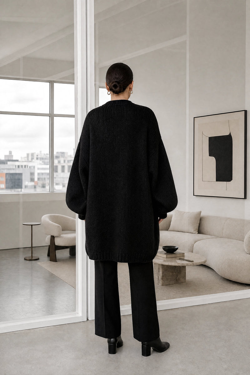 Alexis | Oversized Knit Cardigan in Black, studio back view