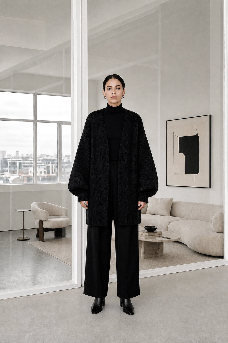 Alexis | Oversized Knit Cardigan in Black, studio front view