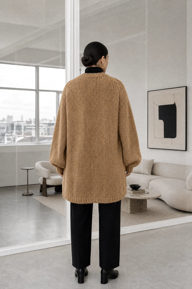 Alexis | Oversized Knit Cardigan in Camel, studio back view