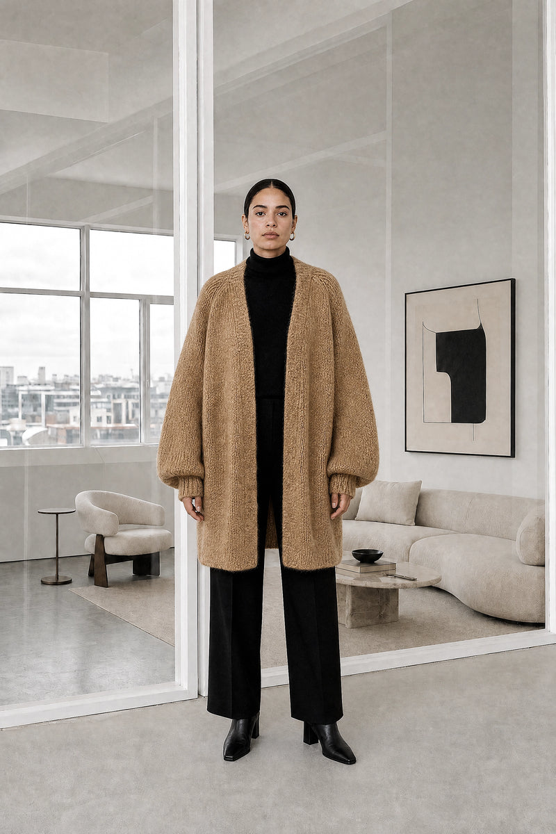 Alexis | Oversized Knit Cardigan in Camel, studio front view