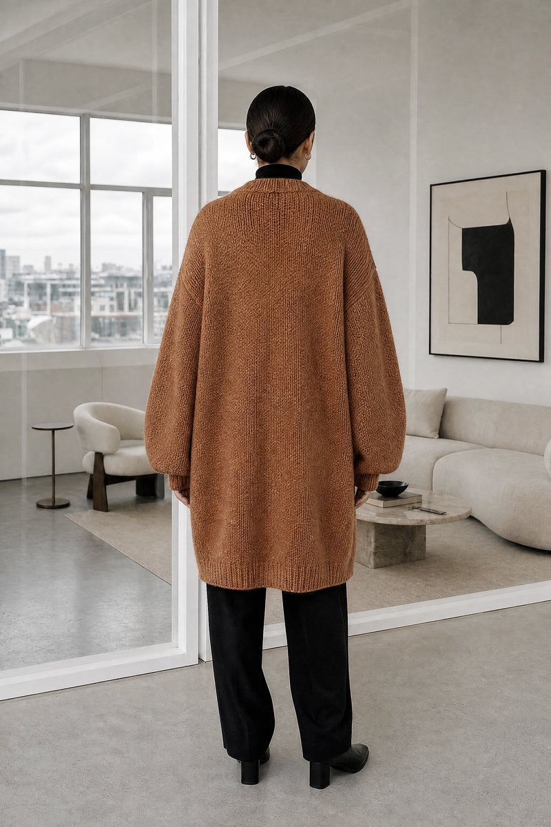 Alexis | Oversized Knit Cardigan in Caramel, studio back view