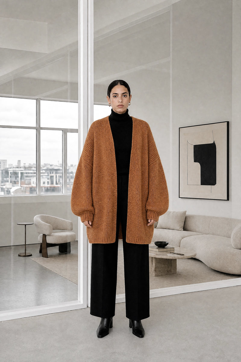 Alexis | Oversized Knit Cardigan in Caramel, studio front view