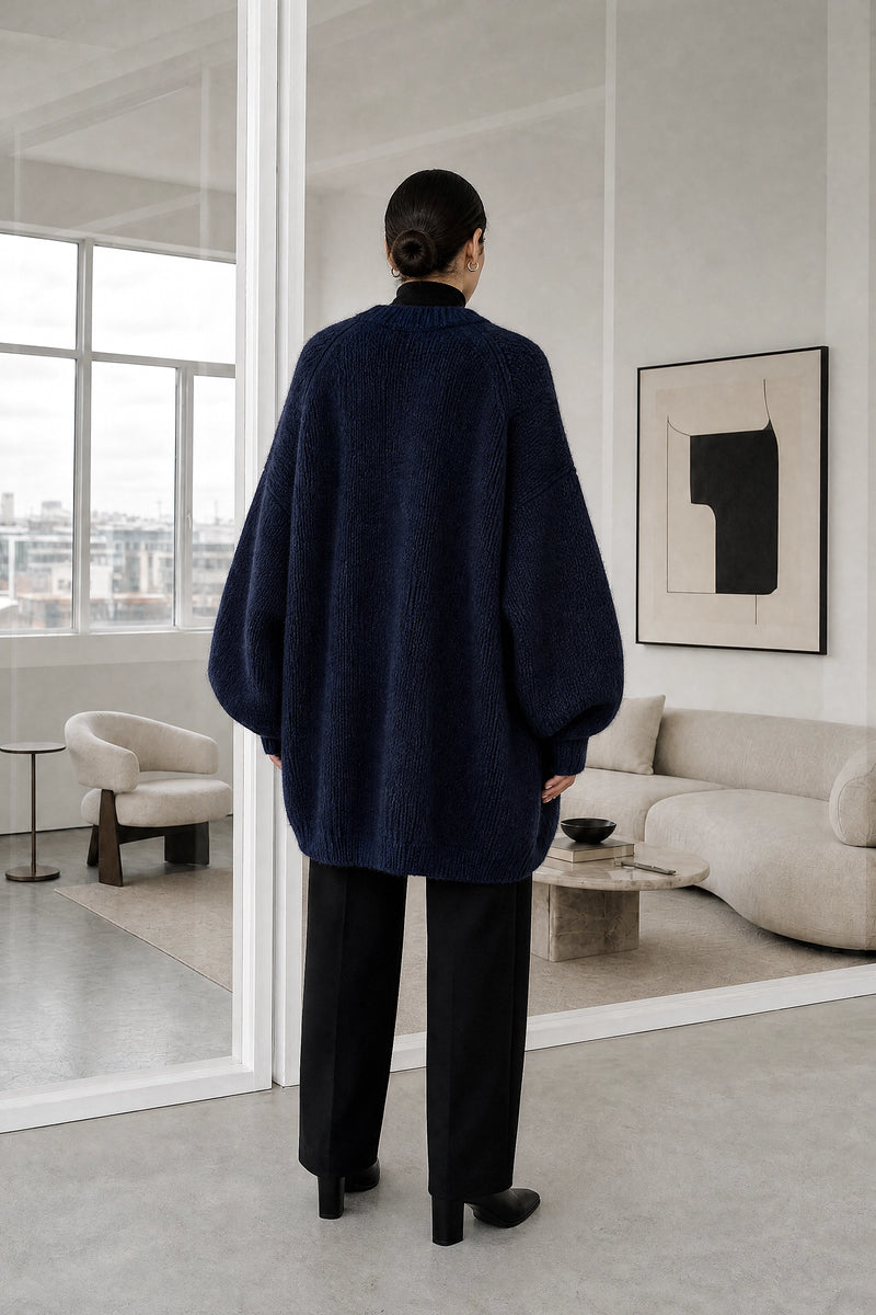 Alexis | Oversized Knit Cardigan in Dark Blue, studio back view
