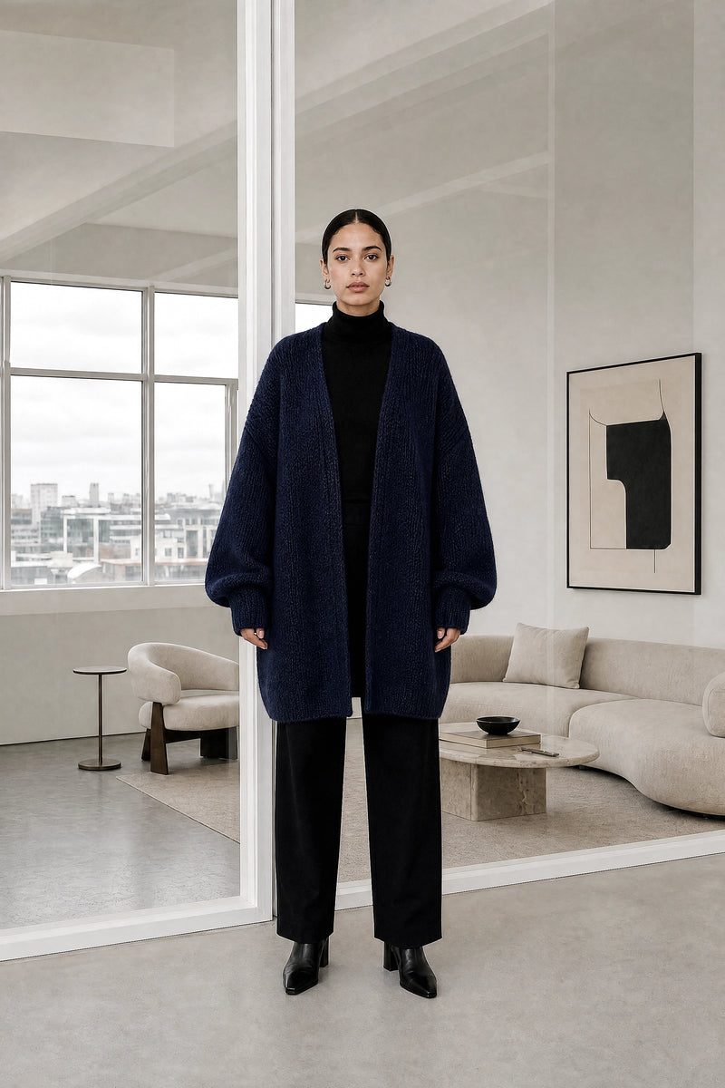 Alexis | Oversized Knit Cardigan in Dark Blue, studio front view