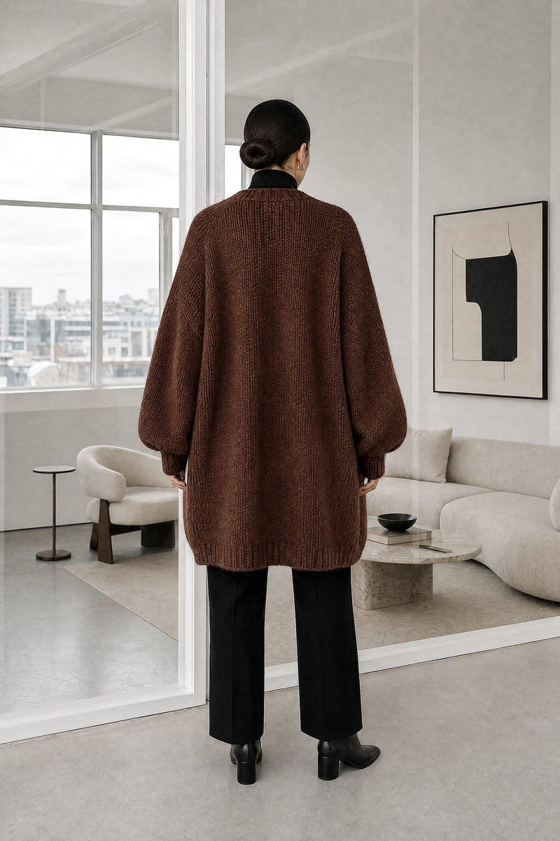 Alexis | Oversized Knit Cardigan in Dark Brown, studio back view