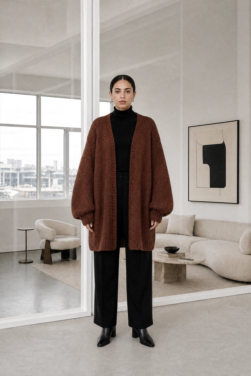 Alexis | Oversized Knit Cardigan in Dark Brown, studio front view