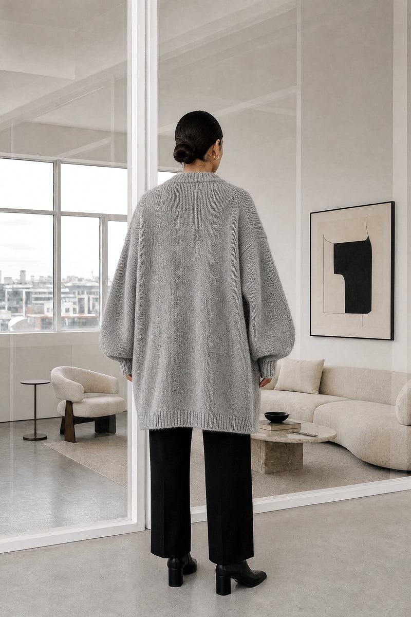 Alexis | Oversized Knit Cardigan in Grey, studio back view