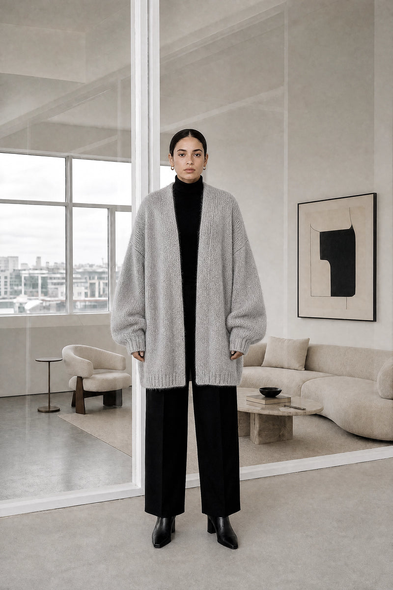 Alexis | Oversized Knit Cardigan in Grey, studio front view