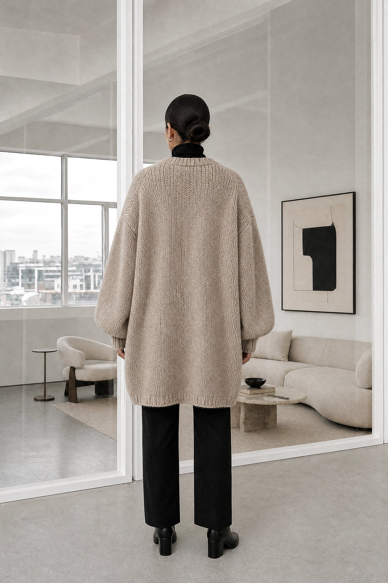 Alexis | Oversized Knit Cardigan in Khaki, studio back view