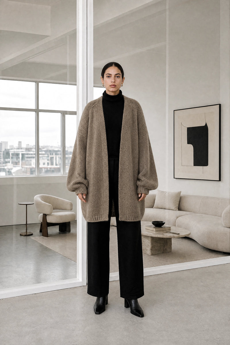 Alexis | Oversized Knit Cardigan in Khaki, studio front view