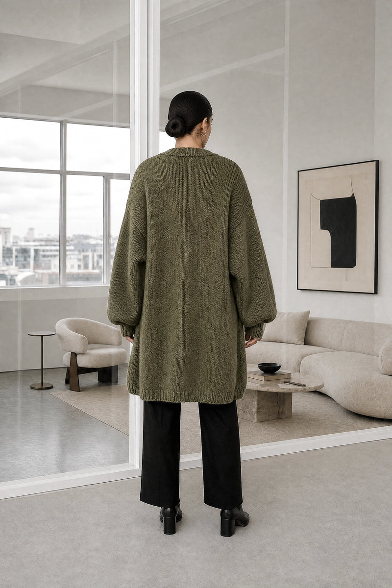 Alexis | Oversized Knit Cardigan in Military Green, studio back view