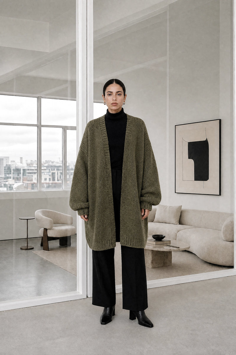 Alexis | Oversized Knit Cardigan in Military Green, studio front view