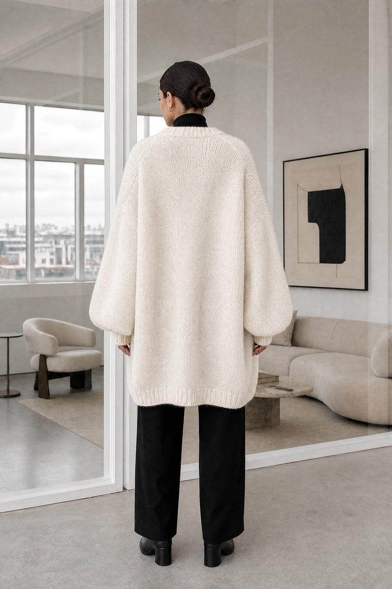 Alexis | Oversized Knit Cardigan in Off White, studio back view